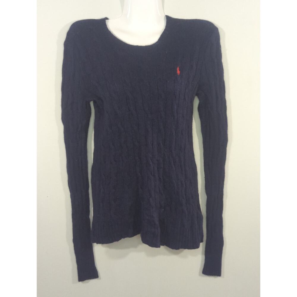 Polo Ralph Lauren Navy Blue Cable Knit Wool Cashmere Sweater Womens Small Cozy